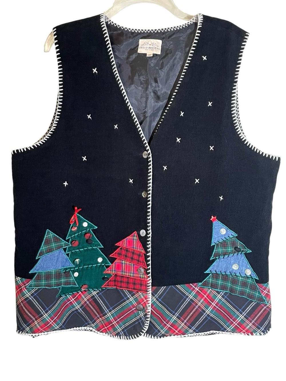 Vintage Cottagecore Susan Bristol Black Corduroy Holiday Vest Plaid Appliqués
